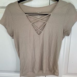 NWOT Me to We Tan Criss Cross V-Neck Crop Top